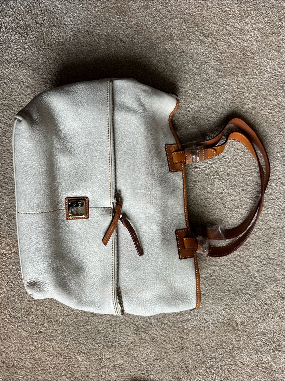 Dooney & Bourke White Pebble Leather Tote with Tan Trim